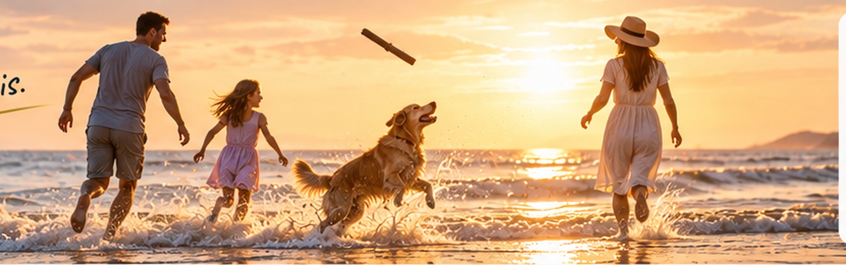 A family and their golden retriever run and splash along the beach at sunset