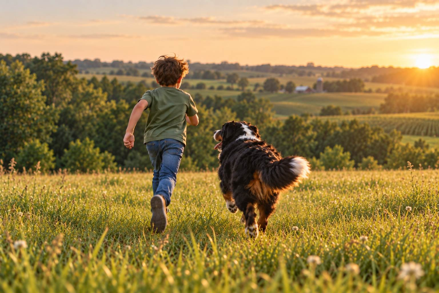 A boy and his golden retriever run together through a grassy field at sunset