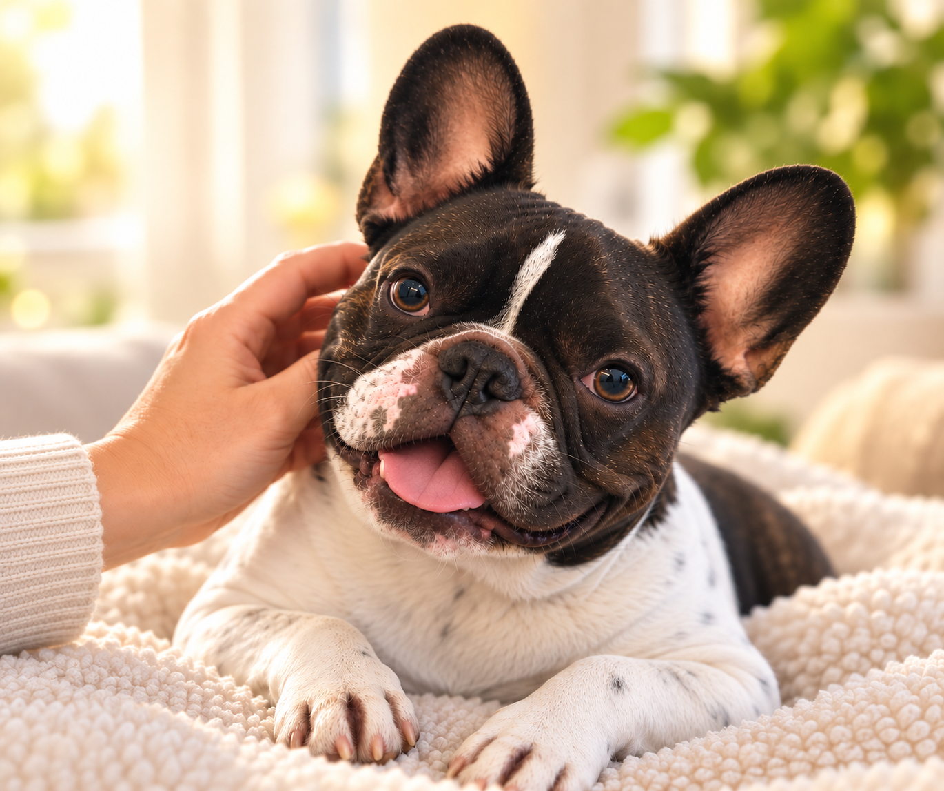 A happy French Bulldog relaxing on a soft blanket while being petted