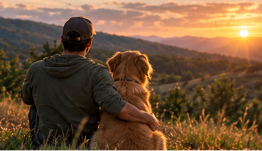 A man and his golden retriever sit together on a grassy hillside watching the sun set over rolling hills